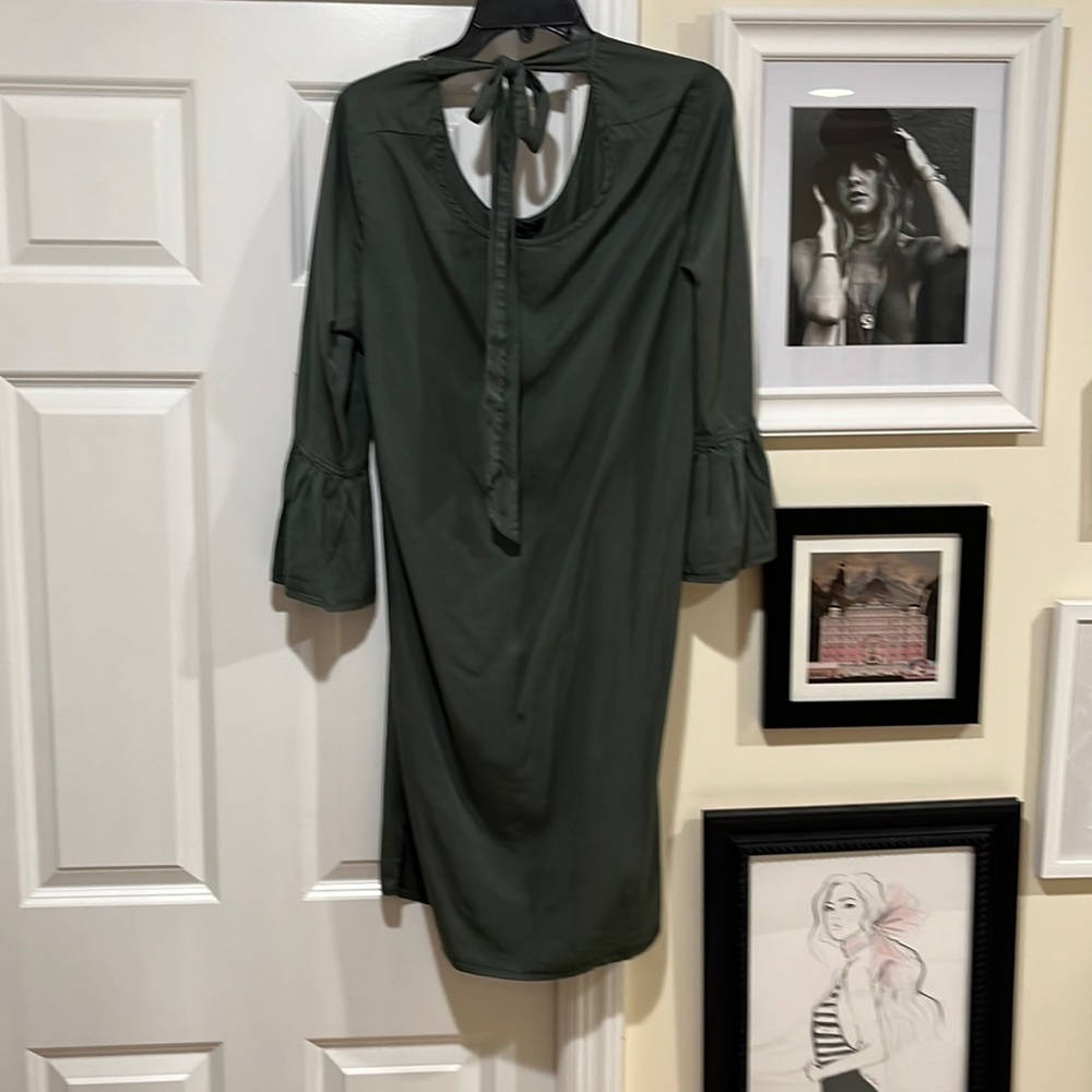 Army green dress.  Lightweight material. Bow at neck and bells for sleeve ends